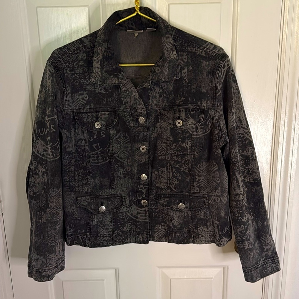 Chico's Black Denim Button Down Jacket, Black & Grey, 4 Front Pockets